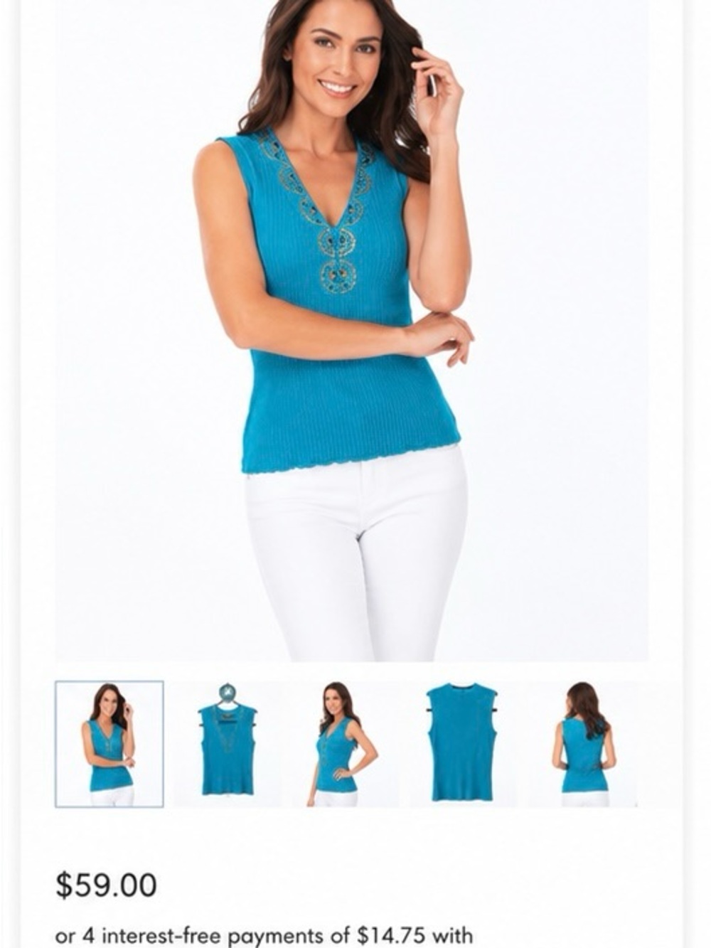 Belldini Teal Sleeveless Ribbed V-Neck Tank with Beaded Embellishment